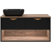 Тумба под раковину Brevita Bergen BER-07105-19-02-2Я 105,4 см, подвесная, со столешницей, подсветкой, черный матовый/дуб галифакс