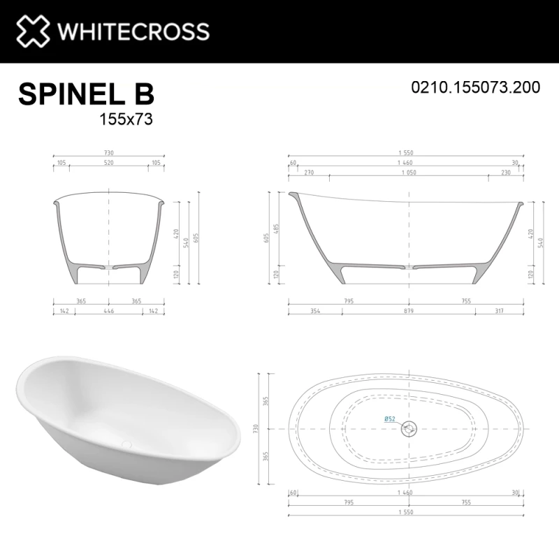Ванна из литьевого мрамора 155x73 см Whitecross Spinel B 0210.155073.200