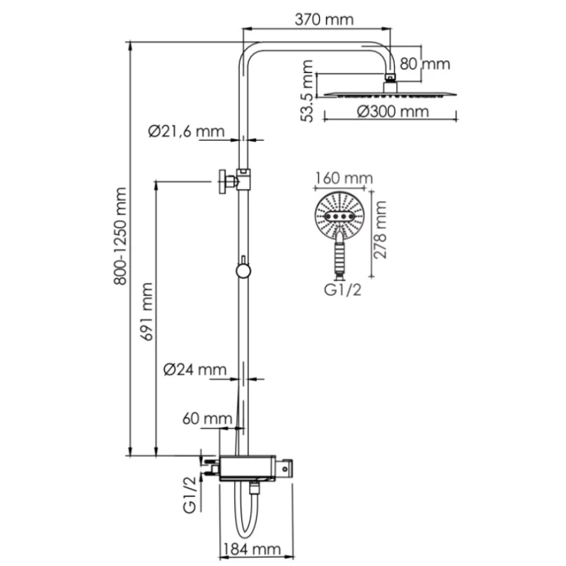 Душевая система 300 мм WasserKRAFT Aller A113.116.059.CH Thermo