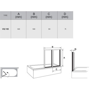 Изображение товара шторка для ванны складывающаяся двухэлементная ravak vs2 105 белая+транспарент 796m0100z1