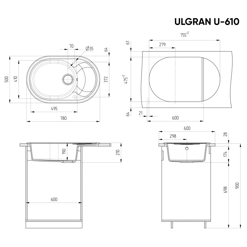 Кухонная мойка Ulgran темно-серый U-610-309