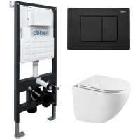 Комплект инсталляция с унитазом Abber AC1131TC-AC0105-AC0120MB с кнопкой смыва, черный матовый + унитаз подвесной Abber Bequem безободковый, торнадо, с сиденьем микролифт, белый