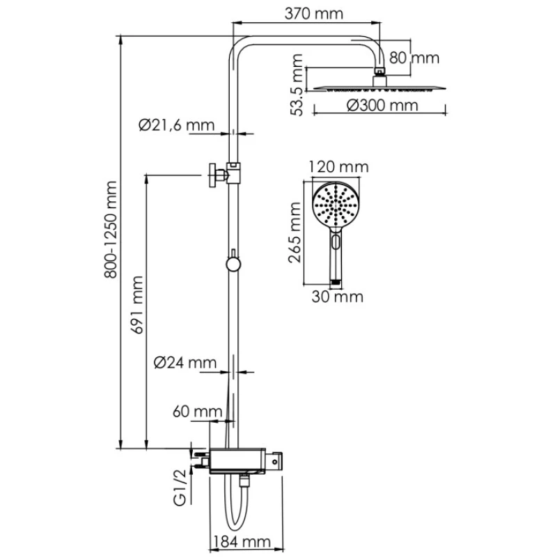 Душевая система 300 мм WasserKRAFT Aller A113.116.127.CH Thermo