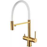 Смеситель для кухни Grocenberg GB4099GL с подключением к фильтру, гибким изливом, золотой брашированный