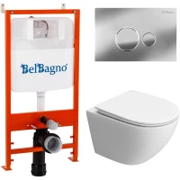 Комплект инсталляция с унитазом BelBagno BB5177CH-TOR/SC/BB026/BB081CR с кнопкой смыва, хром + унитаз подвесной BelBagno Uno безободковый, торнадо, с сиденьем микролифт, белый