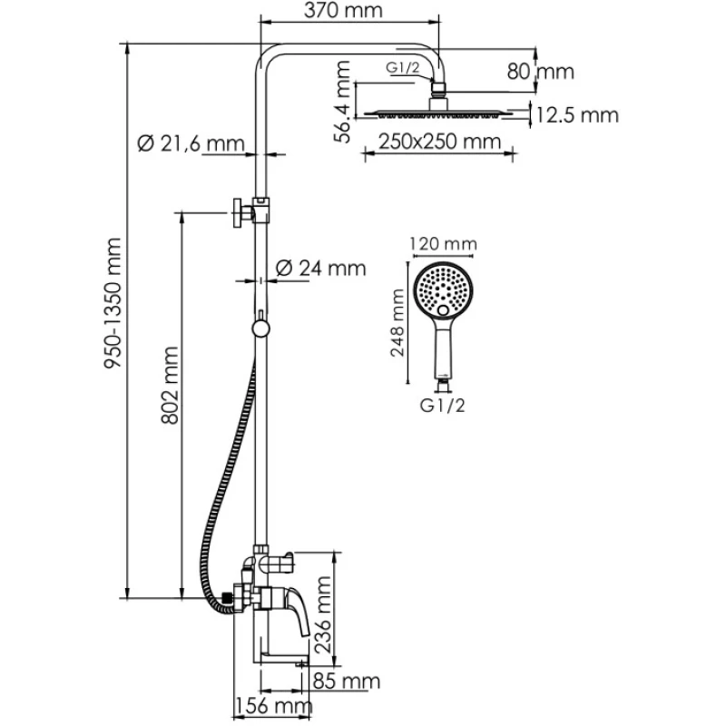 Душевая система 250 мм WasserKRAFT Sauer A171.256.207.PG
