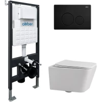Комплект инсталляция с унитазом Abber AC1201-AC0105-AC0121MB с кнопкой смыва, черный матовый + унитаз подвесной Abber Rechteck безободковый, с сиденьем микролифт, белый