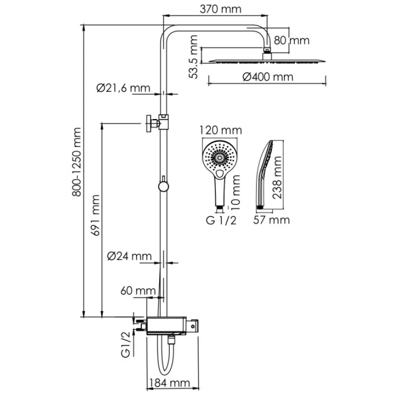 Душевая система 400 мм WasserKRAFT Aller A113.117.101.CH Thermo