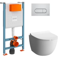 Комплект инсталляция с унитазом VitrA 9830B003-7212 с кнопкой хром + унитаз подвесной VitrA Sento безободковый, с сиденьем микролифт, белый