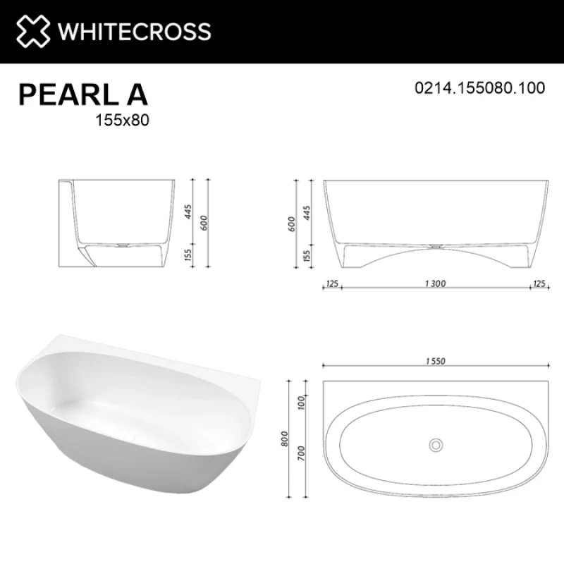 Ванна из литьевого мрамора 155x80 см Whitecross Pearl A 0214.155080.100