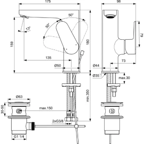 Изображение товара смеситель для раковины с донным клапаном ideal standard cerafine o bc703xg