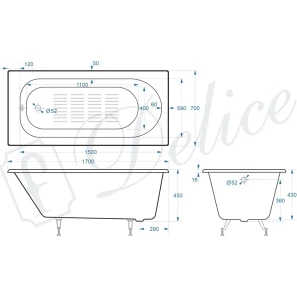 Изображение товара ванна чугунная delice grace dlr230643-as 170x70 см, с антискользящим покрытием, белый
