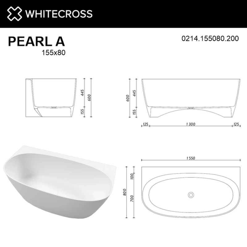 Ванна из литьевого мрамора 155x80 см Whitecross Pearl A 0214.155080.200