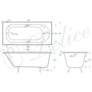 Изображение товара ванна чугунная delice grace dlr230643r 170x70 см, с отверстиями под ручки, белый