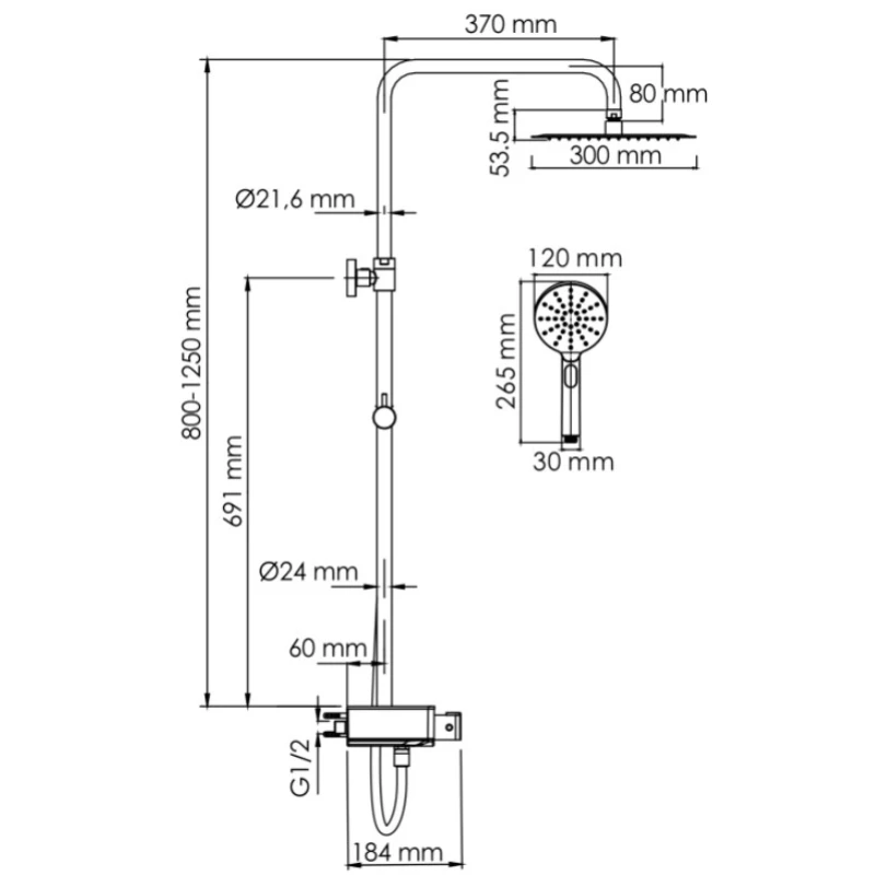 Душевая система 300 мм WasserKRAFT Aller A113.118.127.CH Thermo