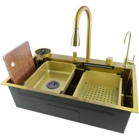 Кухонная мойка Fmark FSC003C 75x46 см, многофункциональная, золотой матовый