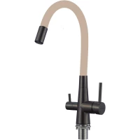 Смеситель для кухни Fmark FS1062-H12 с подключением к фильтру, гибким изливом, черный матовый/бежевый