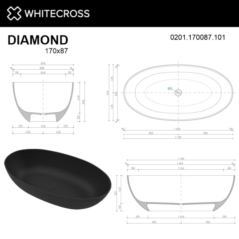 Ванна из литьевого мрамора 170x87 см Whitecross Diamond 0201.170087.101