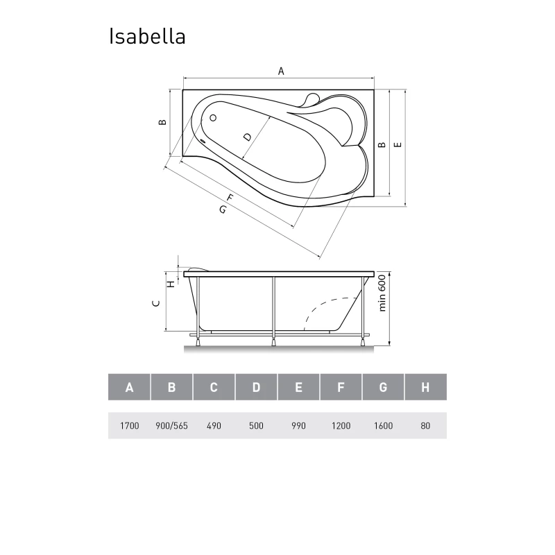 Акриловая ванна 170x90 см L Relisan Isabella GL000010529