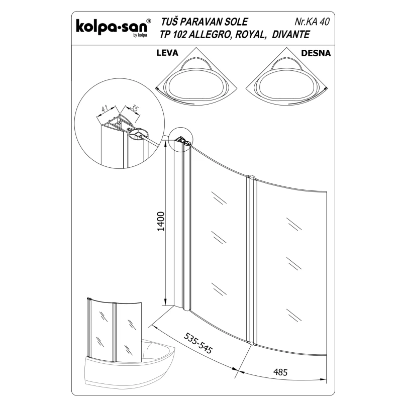 Шторка для ванны 103 см Kolpa San Sole TP 102 прозрачное