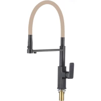 Смеситель для кухни Savol S-L1808H-12 с подключением к фильтру, гибким изливом, черный матовый/бежевый