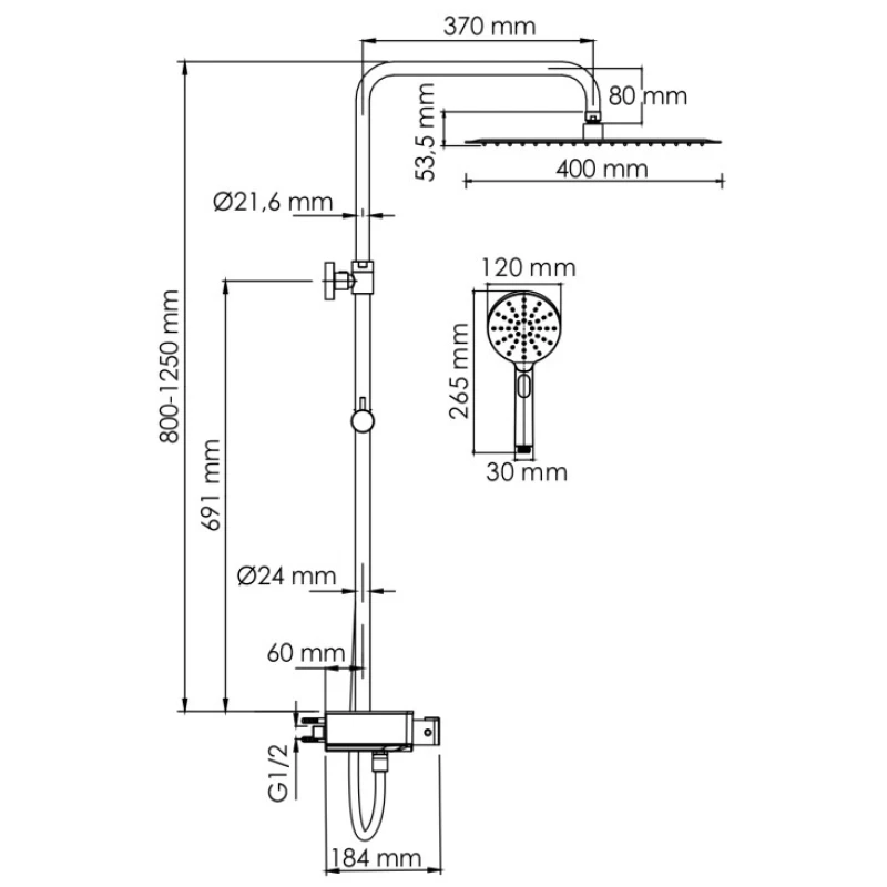 Душевая система 400 мм WasserKRAFT Aller A113.119.127.CH Thermo