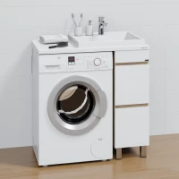 Тумба под раковину Санта Марс 700399 29 см, напольная, над стиральной машиной, белый глянец/дуб янтарный