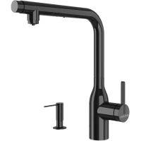 Смеситель для кухни с дозатором Paulmark Viper Vi213105-GB+D004-GB с подключением к фильтру, выдвижным изливом, черный глянец 