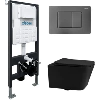 Комплект инсталляция с унитазом Abber AC1201MB-AC0105-AC0120NG с кнопкой смыва, оружейная сталь матовый + унитаз подвесной Abber Rechteck безободковый, с сиденьем микролифт, черный матовый