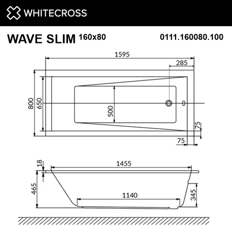 Акриловая гидромассажная ванна 159,5x80 см Whitecross Wave Slim 0111.160080.100.NANO.CR
