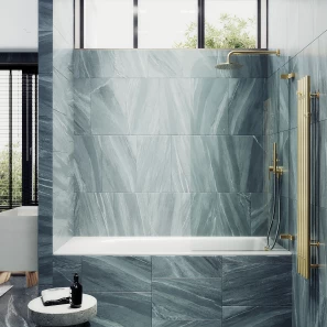 Изображение товара шторка на ванну maybahglass mgv-645-3 70,5 см, профиль золотой матовый, стекло прозрачное
