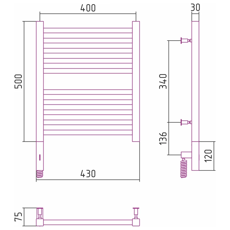 Полотенцесушитель электрический 500x400 состаренная латунь МЭМ правый Сунержа Модус 3.0 051-5701-5040