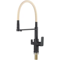 Смеситель для кухни Savol S-L1809H-12 с подключением к фильтру, гибким изливом, черный матовый/бежевый