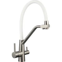 Смеситель для кухни Fmark FS0662-XL02 с подключением к фильтру, гибким изливом, сатин/белый