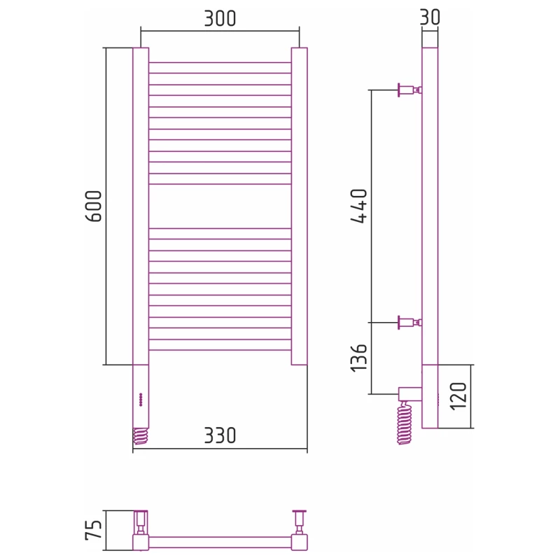 Полотенцесушитель электрический 600x300 состаренная латунь МЭМ правый Сунержа Модус 3.0 051-5701-6030