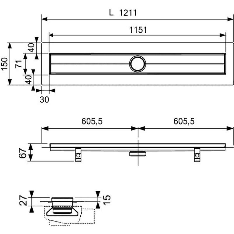 Душевой канал 1143 мм под плитку хром Tece TECEdrainline plate II 601200 + 650000 + 660016 + 601272