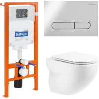 Комплект инсталляция с унитазом BelBagno Prospero BB066CHR/BB870SC/BB002-80/BB005-PR-CHROME с кнопкой смыва, хром + унитаз подвесной BelBagno Onda безободковый, с сиденьем микролифт, белый