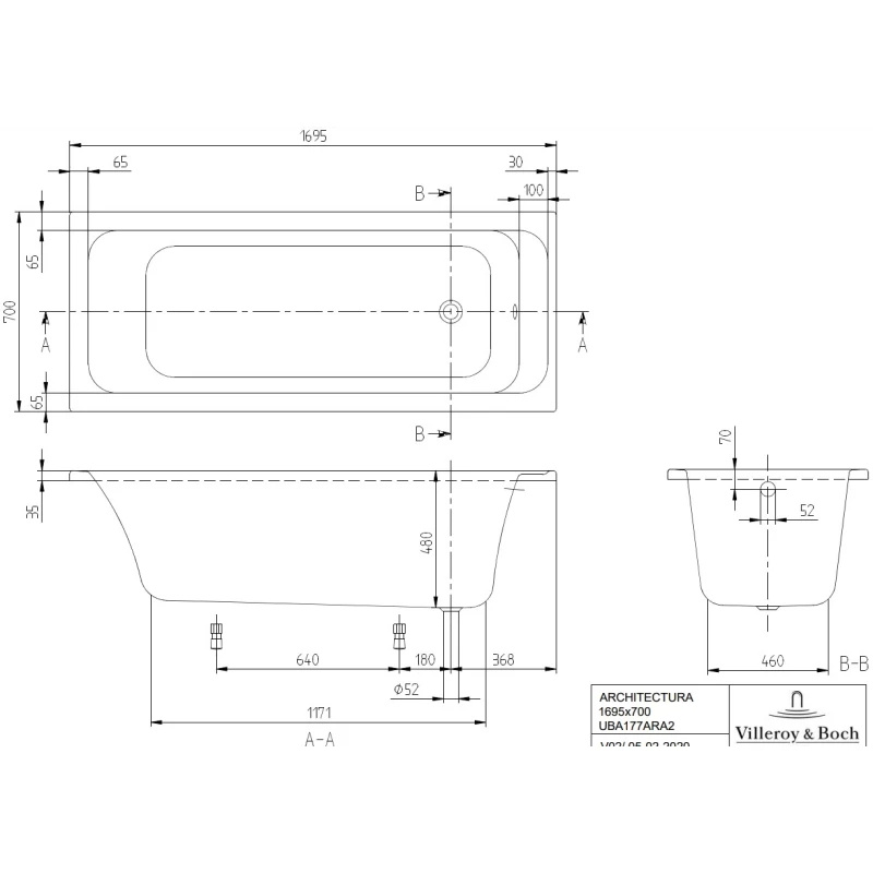 Акриловая ванна 169,5x70 см Villeroy & Boch Architectura UBA177ARA2V-01