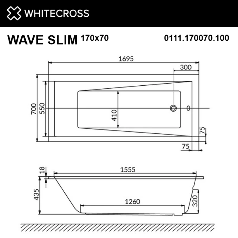 Акриловая гидромассажная ванна 169,5x70 см Whitecross Wave Slim 0111.170070.100.RELAX.CR