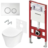 Комплект инсталляция с унитазом Tece TECEspring R K401101WCK с кнопкой смыва, хром/матовый хром/хром + унитаз подвесной Tece TECEspring K безободковый, торнадо, с сиденьем микролифт, белый