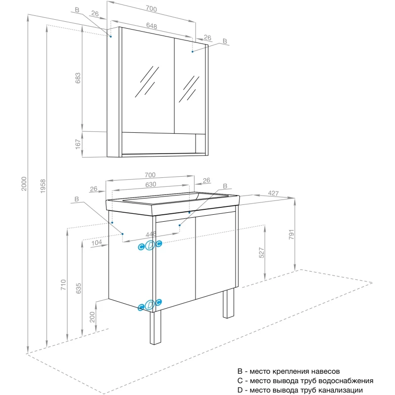 Комплект мебели белый глянец/белый матовый 70,5 см Акватон Сканди Doors 1A278901SD010 + 1WH501628 + 1A252202SD010