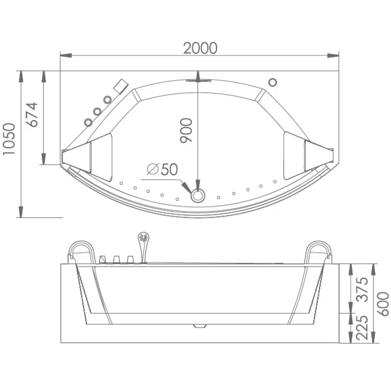Акриловая гидромассажная ванна 200x105 см Gemy G9079