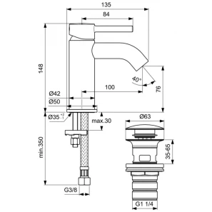 Изображение товара смеситель для раковины с донным клапаном ideal standard alpha bc822aa
