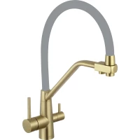 Смеситель для кухни Fmark FS0662-C04 с подключением к фильтру, гибким изливом, золотой матовый/серый