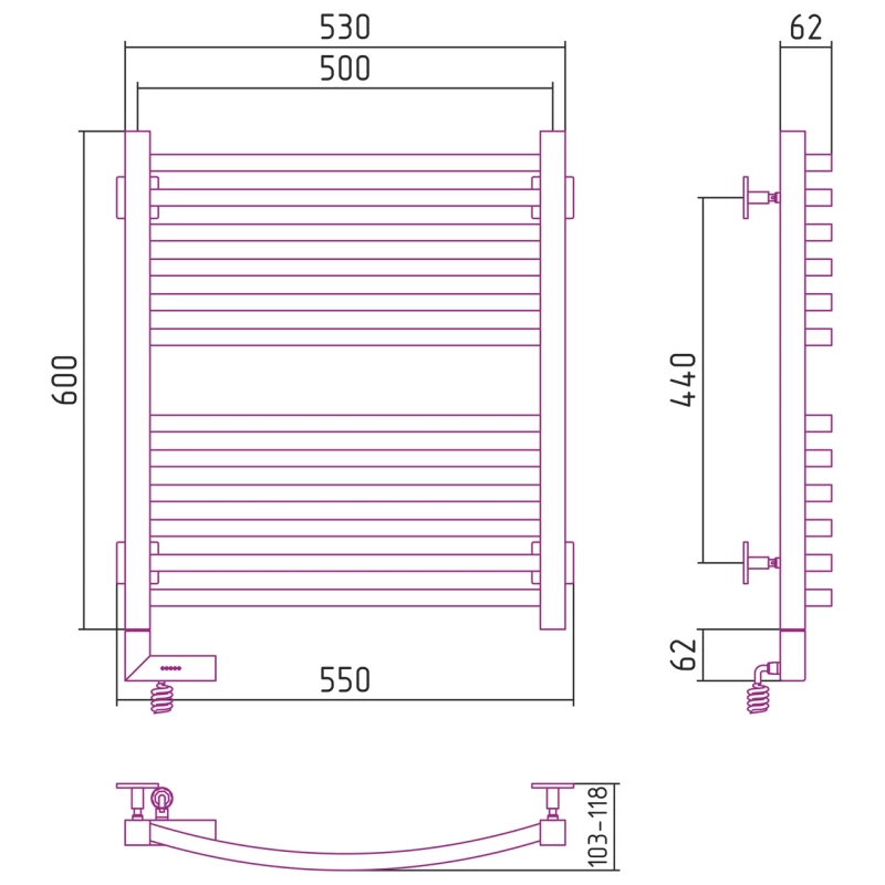 Полотенцесушитель электрический 600x500 состаренная латунь МЭМ левый Сунержа Аркус 2.0 051-5604-6050