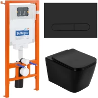 Комплект инсталляция с унитазом BelBagno Prospero BB3202CHR-MB/BB3202SC-MB/BB002-80/BB007-PR-NERO.M с кнопкой смыва,черный матовый + унитаз подвесной BelBagno Ardente-C безободковый, с сиденьем микролифт, черный матовый