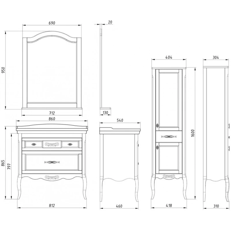Комплект мебели антикварный орех 86 см ASB-Woodline Модерн