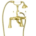 Изображение товара смеситель на борт ванны с ручным душем золото 24 карат, ручки белые cezares first first-pbv-03/24-bi