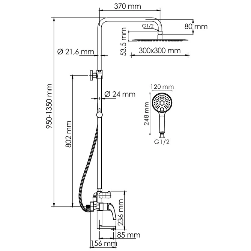 Душевая система 300 мм WasserKRAFT Sauer A171.261.207.PG