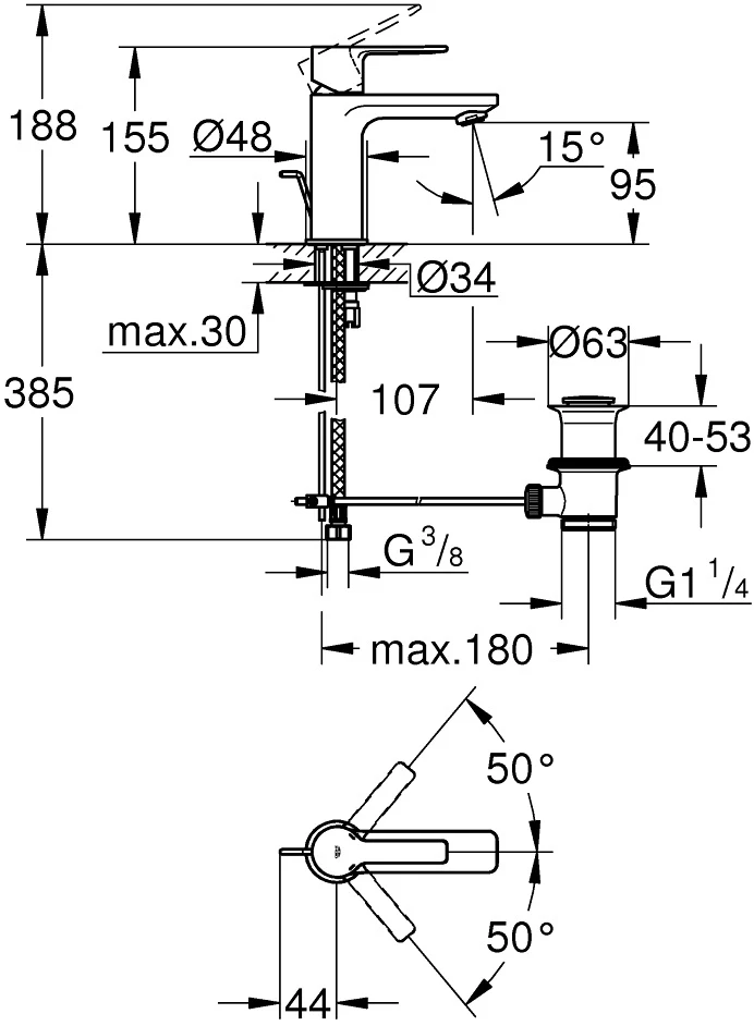 Смеситель для раковины с донным клапаном XS-Size Grohe Lineare 32109001 - фото 2